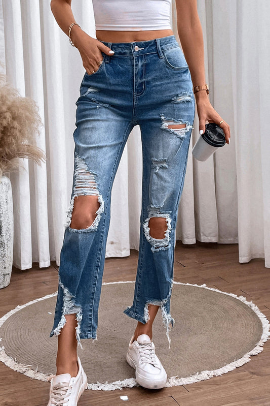 Distressed Raw Hem Straight Jeans